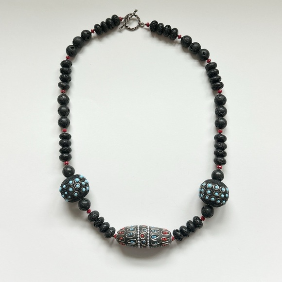 Statement Black Lava Bead Turquoise Coral Necklace - Picture 4 of 13